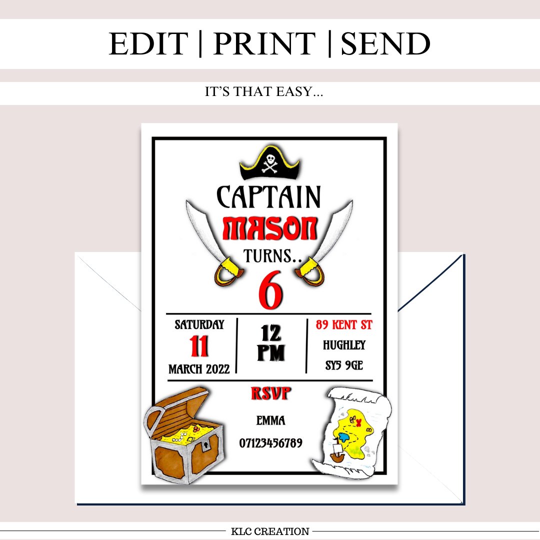 Pirate Party Birthday Digital Invitation Template - KLC Creation