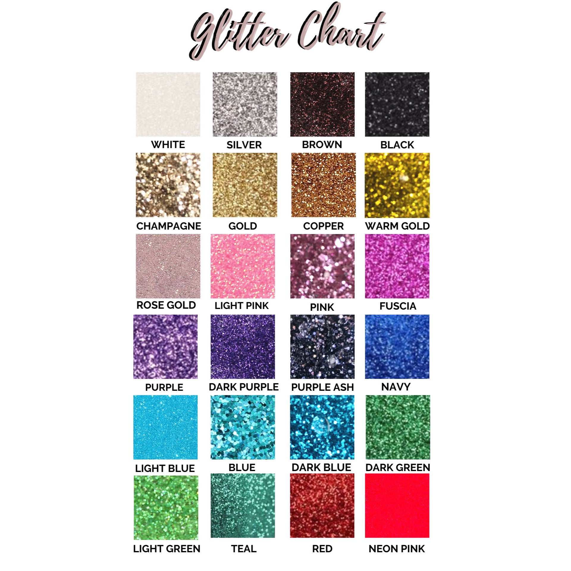 Glitter Chart showcasing all the glitter colour options available.
