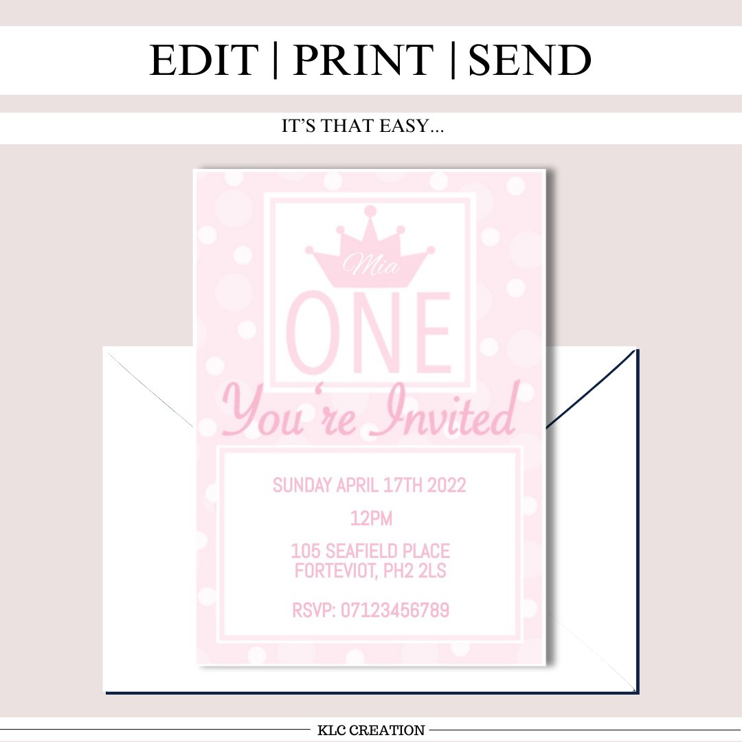 First Birthday Digital Invitation Template Pink Polka Dot - KLC Creation